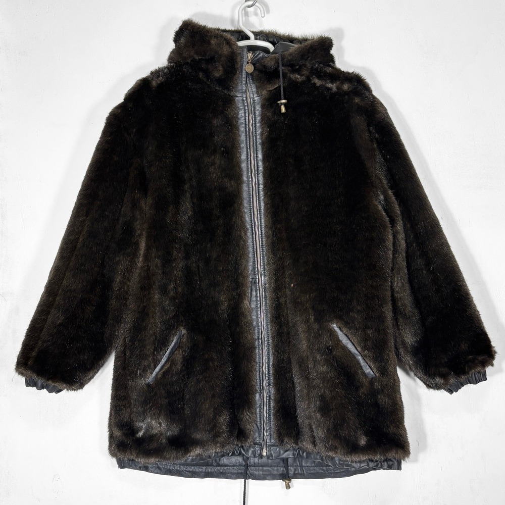 VTG 90s Charles Klein Reversible Leather & Faux Fur Hooded Parka‎ Coat Womens XL